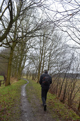 Obraz premium man walking on path in belgian forest in winter