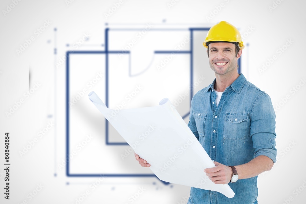 Poster composite image of happy architect holding blueprint in house