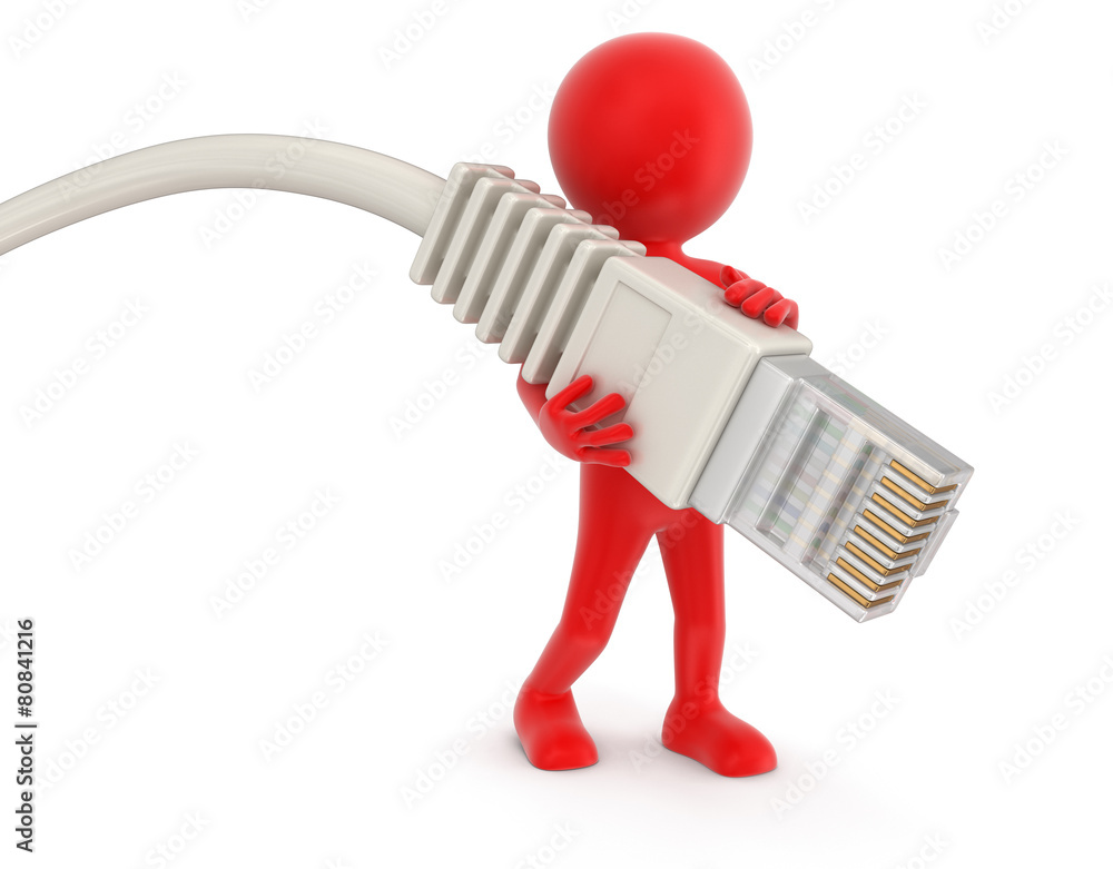 Poster man and computer cable (clipping path included)