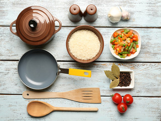 Food ingredients and kitchen utensils for cooking