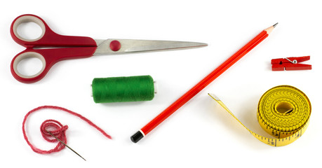 Sewing. Scissors, thread, measuring tape, pencil, needle 