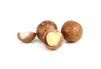 Shelled and unshelled macadamia nuts isolated on white