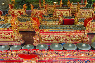 Fototapeta premium Traditional Musical Instruments, Bali, Indonesia - Traditional musical instruments at Ubud Palace, Bali, Indonesia.