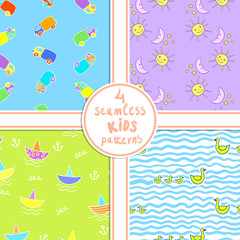 4 seamless kids patterns with funny cartoons