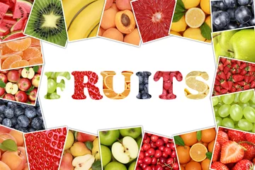 Fototapete Früchte Rahmen- und Wortfrüchte mit Apfel, Orange, Zitrone