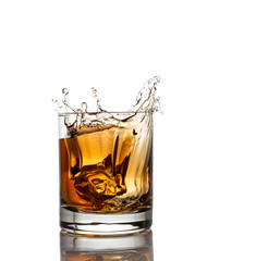 Isolated shot of whiskey with splash on white