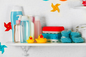 Baby accessories on shelves close-up