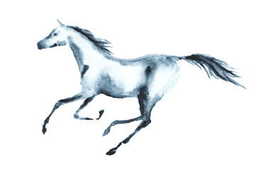 Wet watercolor galloping horse. Vector.