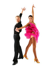 Beautiful couple of professional artists dancing isolated on white