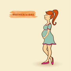 Cute mothers day card with pregnant woman, vector