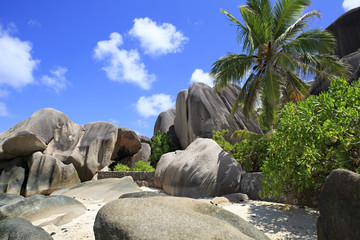Huge granite boulders on the beach Anse Source DArgent