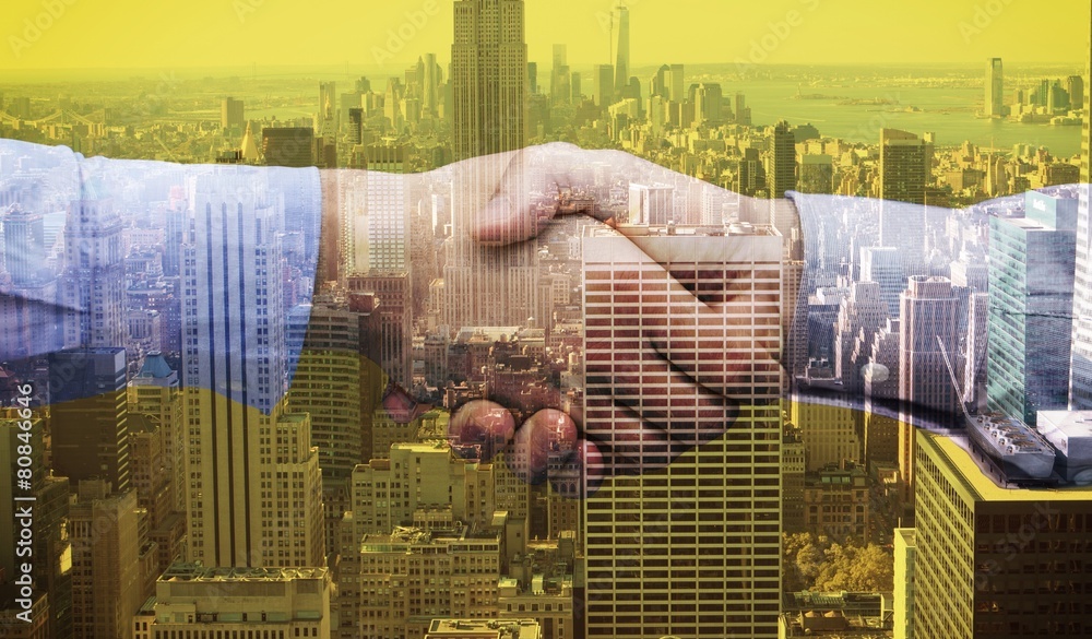 Poster Composite image of hand shake in front of wires