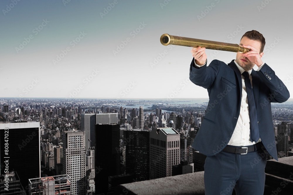 Poster composite image of businessman looking through telescope