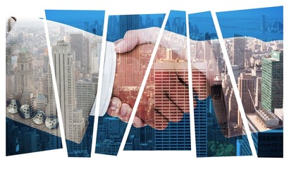 Composite image of side view of business peoples hands shaking