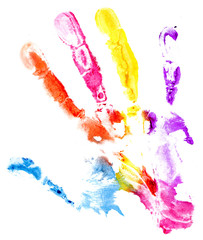 Close up of colored hand print on white