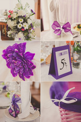 collage of wedding pictures decorations in purple, violet colour