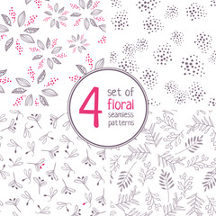 Fototapeta na wymiar Set of 4 floral brown seamless patterns on white background