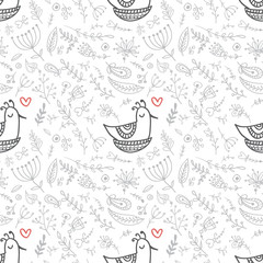 Vector floral seamless pattern with cute bird in the nest