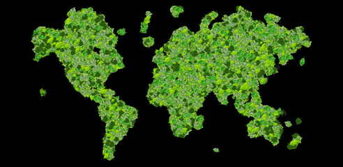 World map made from green leaves isolated on black background.