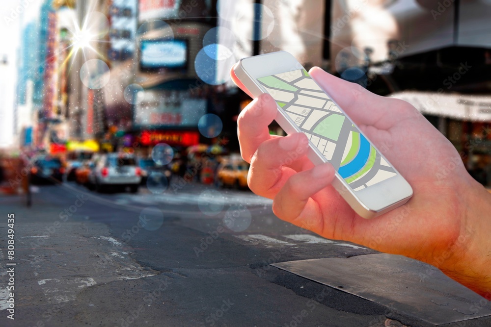 Aufkleber Composite image of man using map app on phone