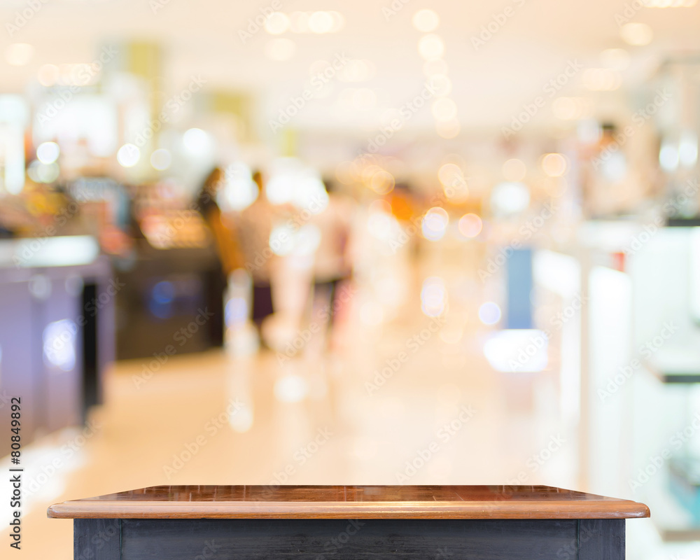 Aufkleber Empty Wooden Table top with blur store background ,Template mock