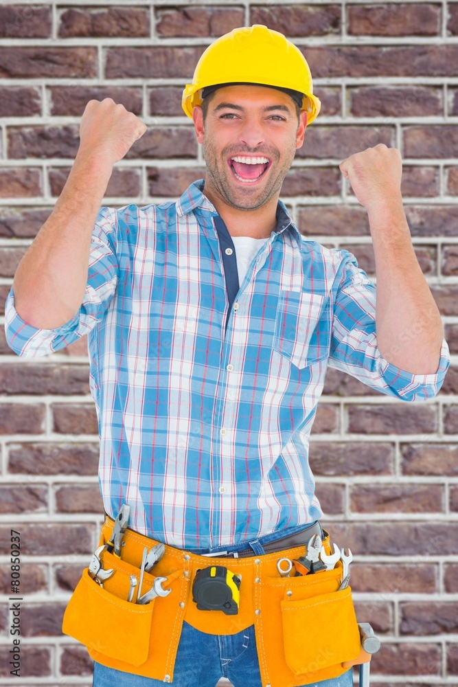 Poster composite image of excited manual worker clenching fists