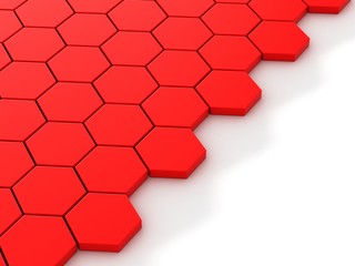 red background with hexagons and place