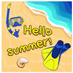 Summer background with shell, flippers and mask on sand. Vector.