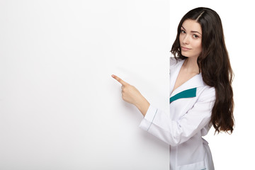 medical doctor woman smile hold blank card board