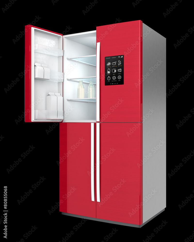 Poster wine red color smart refrigerator with lcd screen.