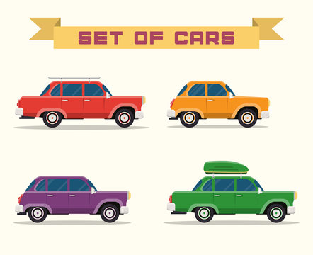 set with vintage cars, flat style