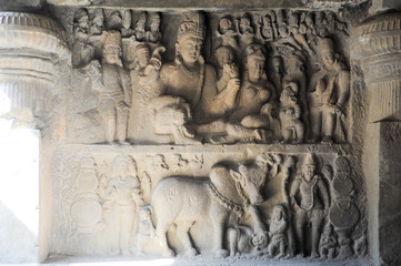 Statues on Ellora caves near Aurangabad in India