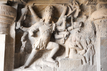 Statues on Ellora caves near Aurangabad in India