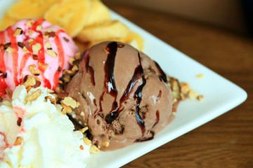 Ice cream mix chocolate strawberry vanilla and cherry fruit