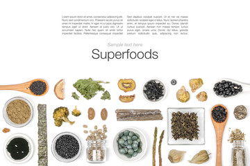 various superfood on white background top view