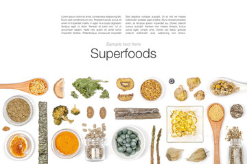 various superfood on white background top view