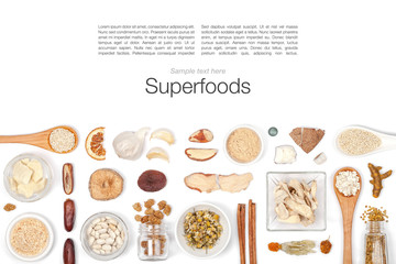 superfood on white background top view
