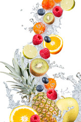 Water splash with fresh fruits