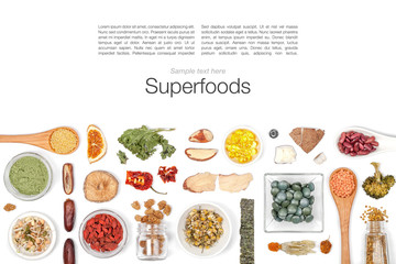 various superfood on white background top view