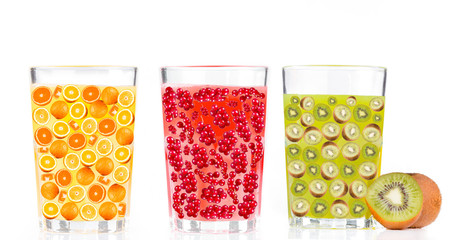 Set juice isolated on white background. Orange, Currant and Kiwi