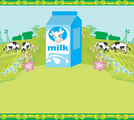 Abstract poster with a carton of milk and cows graze in the mead