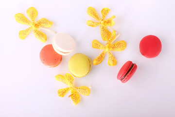 sweet macaron and flower with the top view