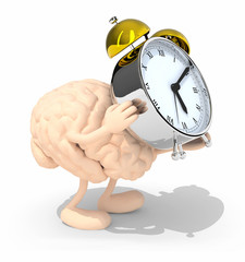 brain with arms, legs that brings alarm clock