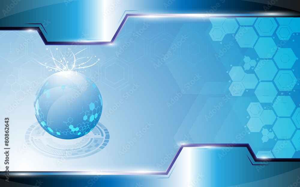 Poster abstract science globe exploding on blue background and frame