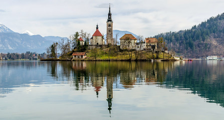 Church on Bled with own reflection