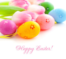 Easter eggs with pink tulip flowers on white background