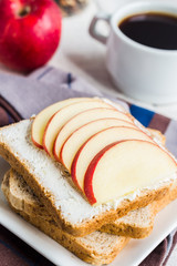 toast with cheese curd, honey and apple, a cup of coffee