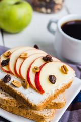 bran toast with cheese, apple and dried fruit, bright breakfast