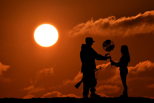 Silhouette of peace and love versus war and anger. No war