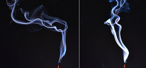 Burnt match in a smoke on a black background